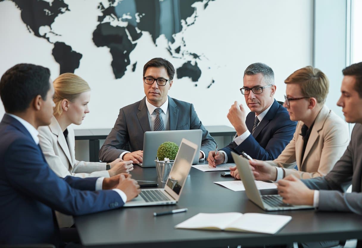 Een groep zakelijke professionals bespreekt juridische documenten aan een vergadertafel met een wereldkaart op de achtergrond.