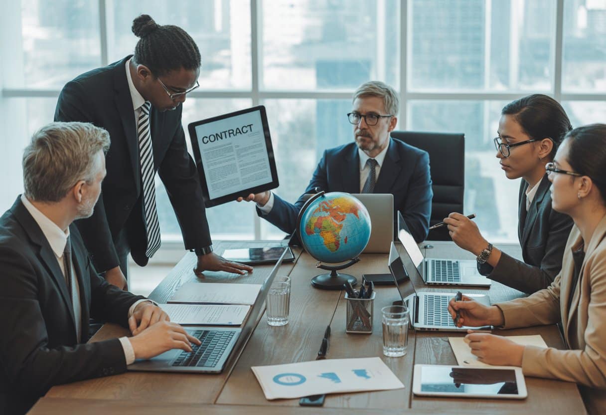 Een groep zakelijke professionals bespreekt contracten in een moderne kantooromgeving met een wereldbol en documenten op tafel.