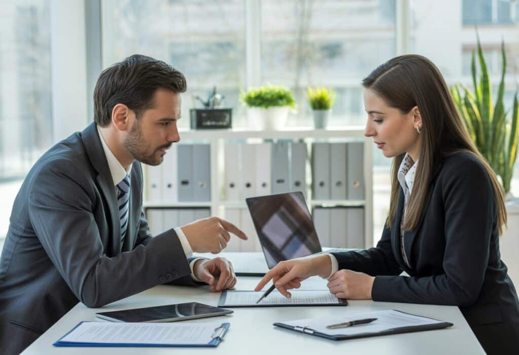 Twee zakelijke professionals bespreken een contract aan een bureau in een helder kantoor.
