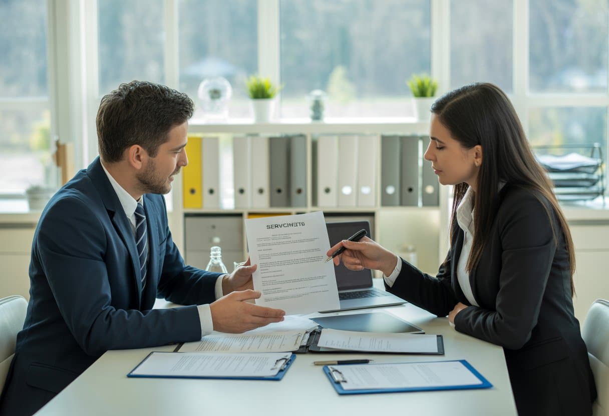 Twee professionals zitten aan een tafel in een kantoor en bespreken samen een contractdocument.