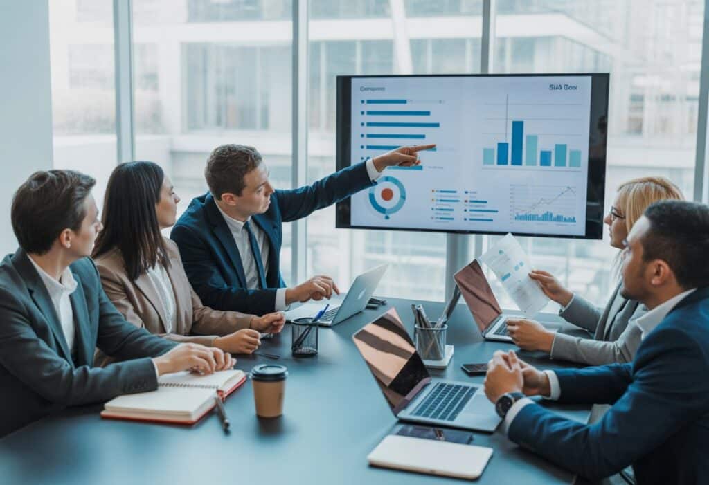 Een groep zakelijke professionals zit rond een vergadertafel en bespreekt kwaliteits- en resultaatafspraken met grafieken op een scherm.