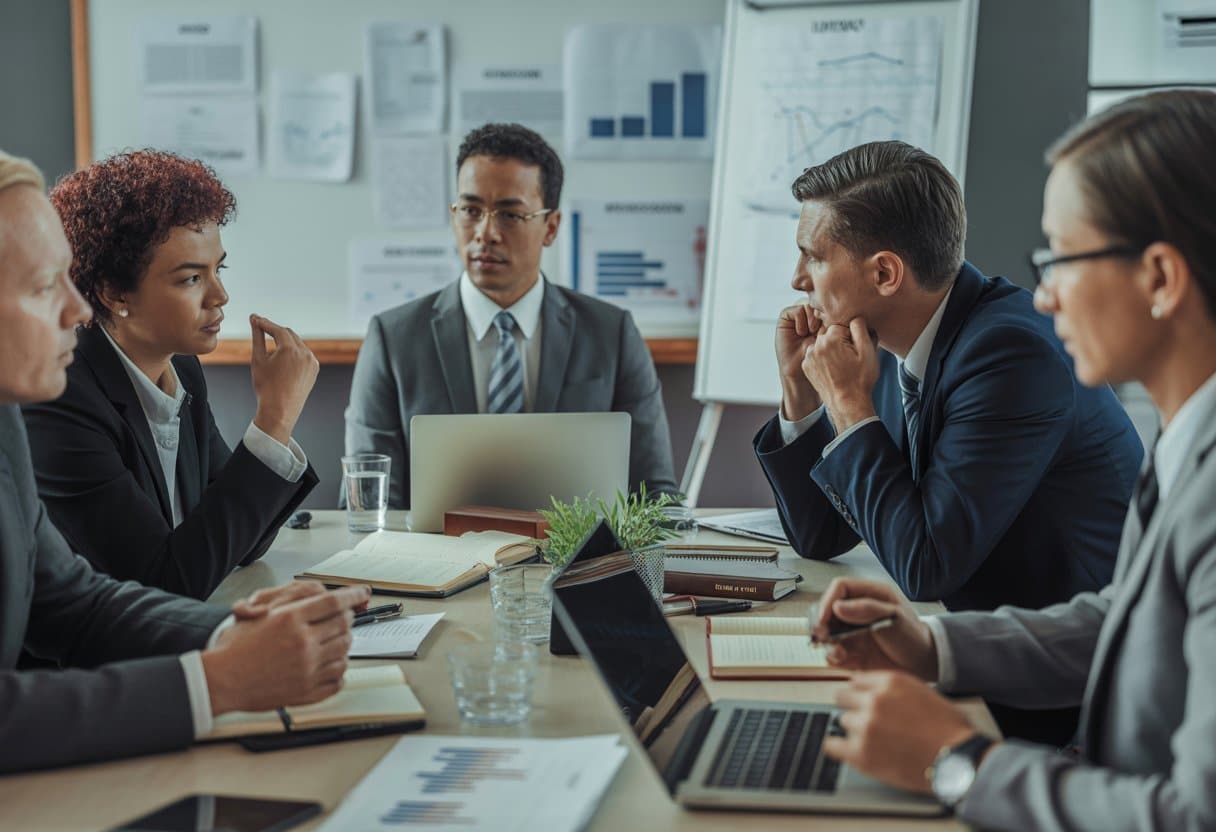 Een groep professionals bespreekt risico’s en aansprakelijkheid tijdens een vergadering in een moderne kantoorruimte.