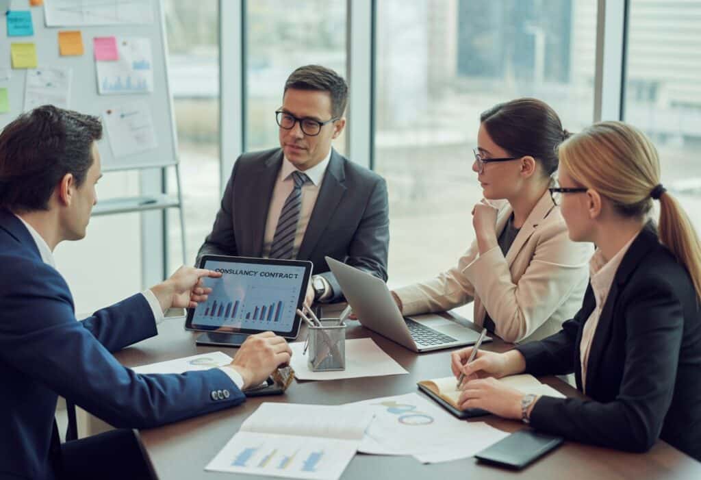 Vier professionals zitten rond een tafel in een kantoor en bespreken contracten en tarieven tijdens een zakelijke vergadering.