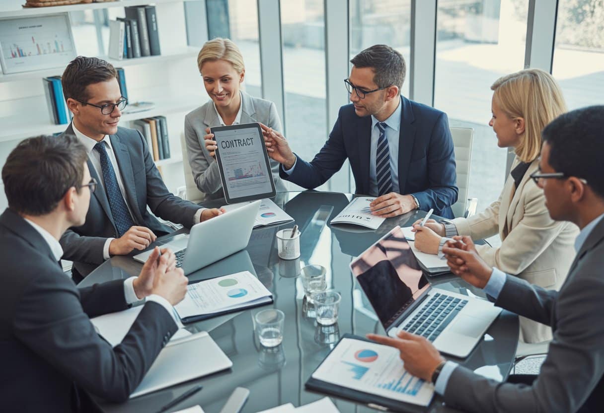 Een groep zakelijke professionals bespreekt documenten en grafieken rond een vergadertafel in een modern kantoor.