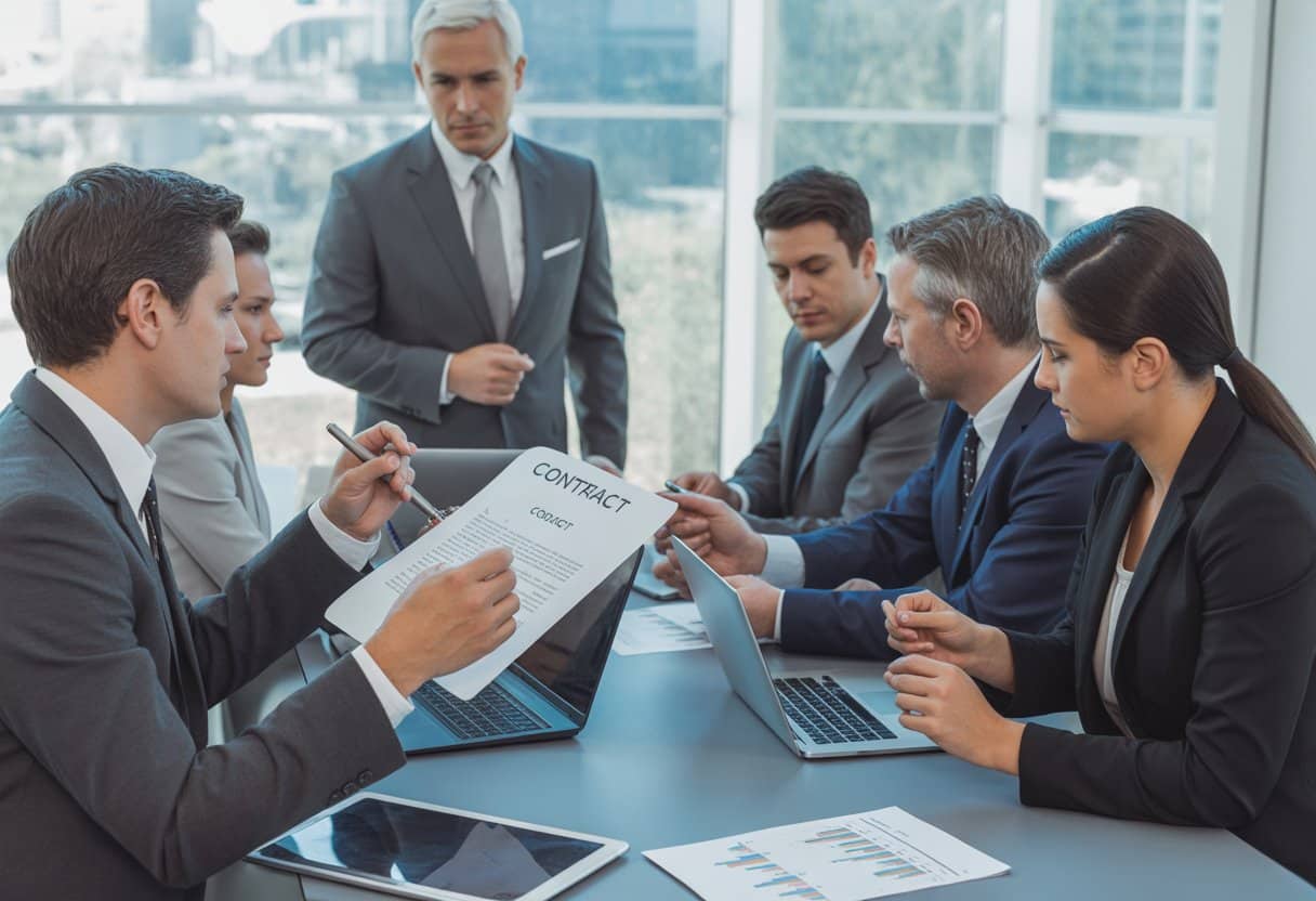 Een groep zakelijke professionals bespreekt documenten rond een vergadertafel in een modern kantoor.