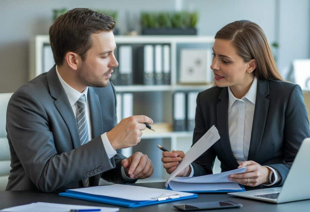 Twee zakelijke professionals bespreken documenten aan een bureau in een kantooromgeving.