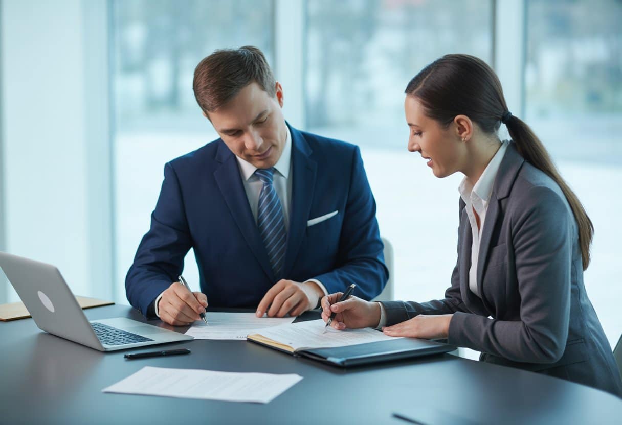 Twee professionals zitten aan een tafel in een kantoor en bespreken documenten, waarbij ze een dienstverleningsovereenkomst doornemen.