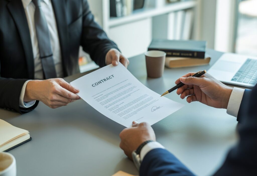 Twee zakelijke professionals aan een bureau die een contractdocument uitwisselen in een moderne kantooromgeving.