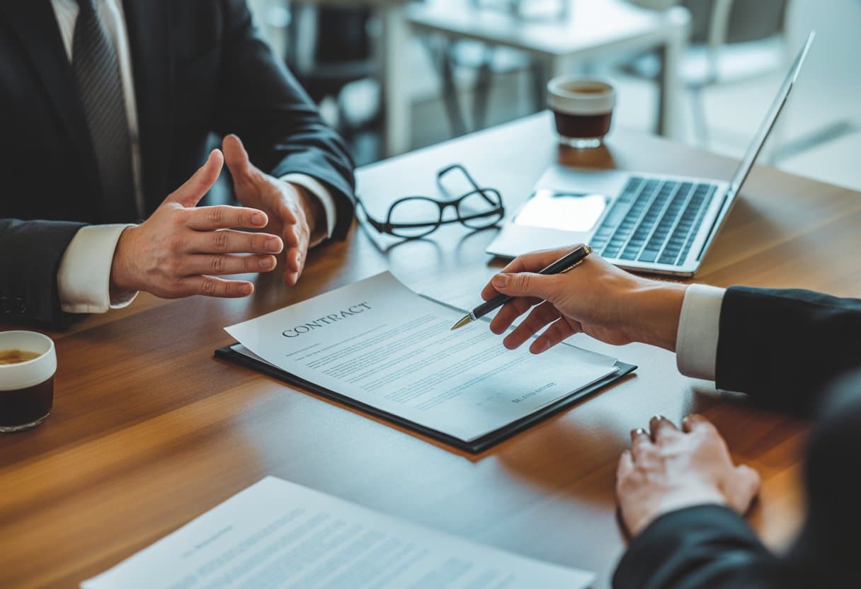 Beëindiging van een contract: opzegging of ontbinding? Uitleg & verschillen 2 Twee zakelijke personen die een contract bespreken en documenten uitwisselen in een kantooromgeving.