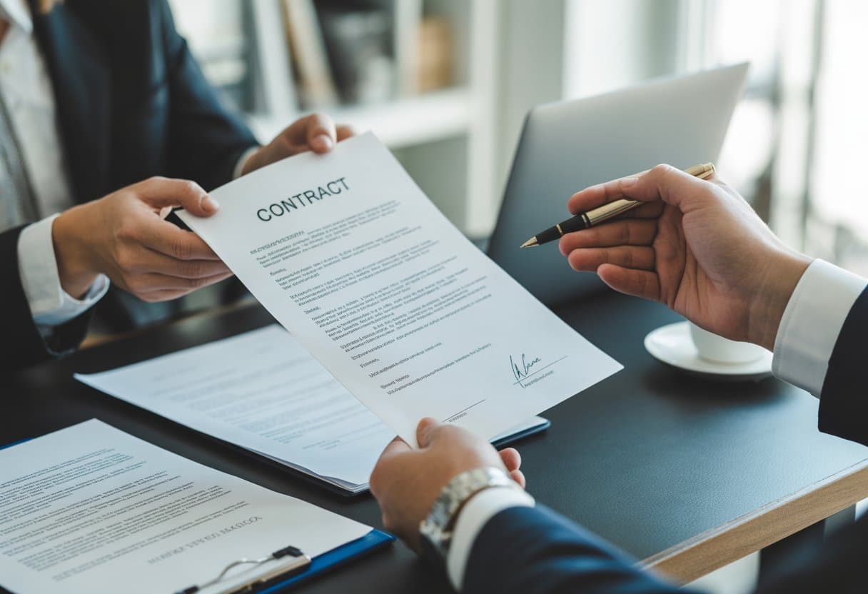Beëindiging van een contract: opzegging of ontbinding? Uitleg & verschillen 3 Twee zakelijke professionals aan een bureau, waarbij een contract wordt overhandigd en ondertekend.