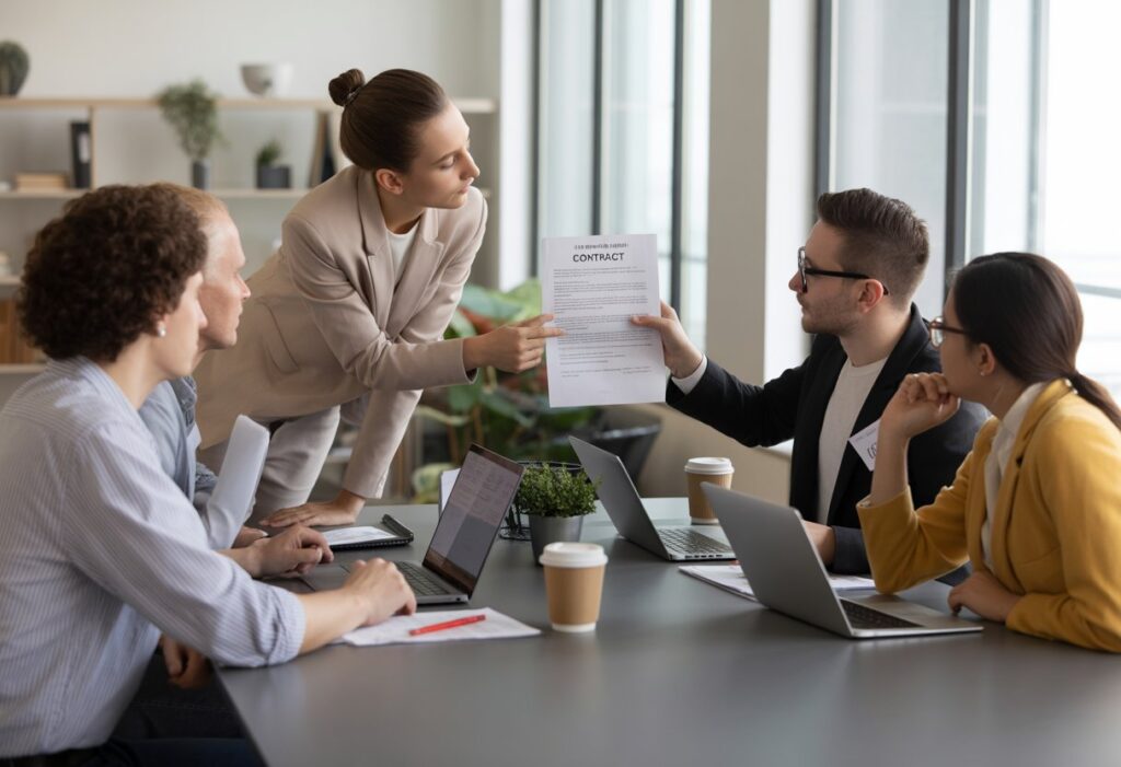 Een groep freelancers en zzp’ers in een kantoorruimte bespreekt een contract aan een tafel.