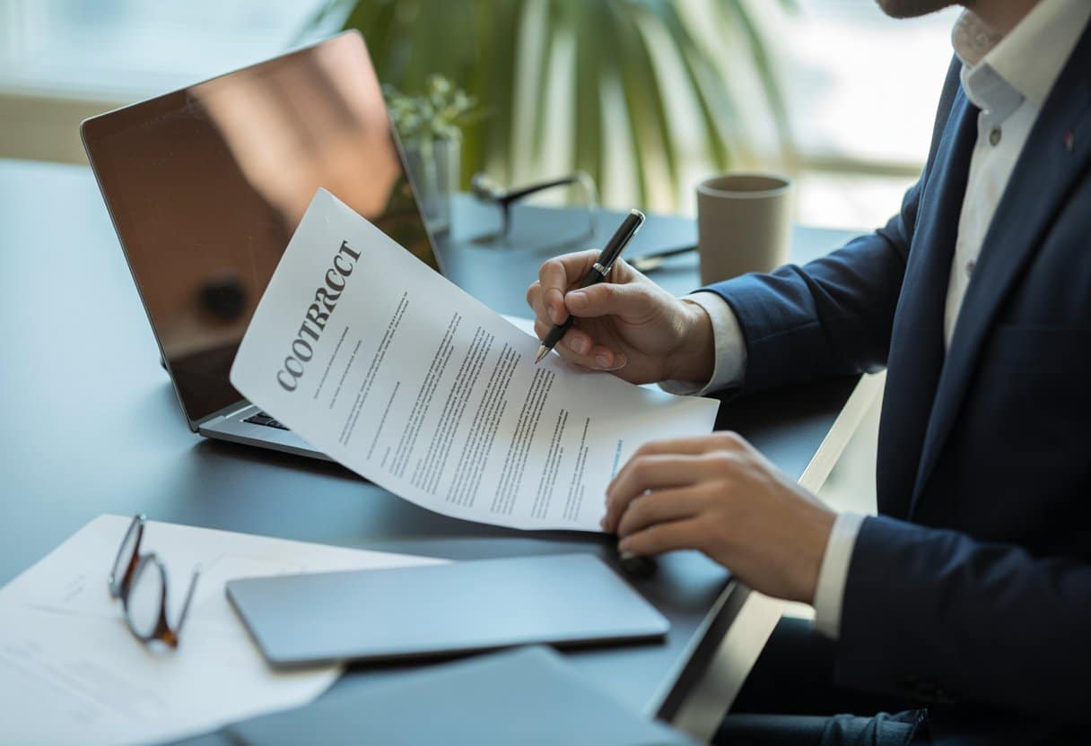 Een persoon zit aan een bureau en bekijkt aandachtig een contractpapier met pen in de hand.