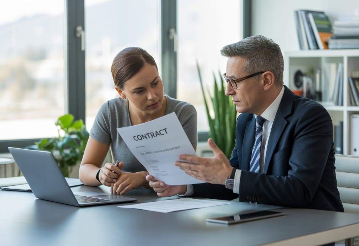 Twee personen bespreken een contract aan een vergadertafel in een moderne kantoorruimte.