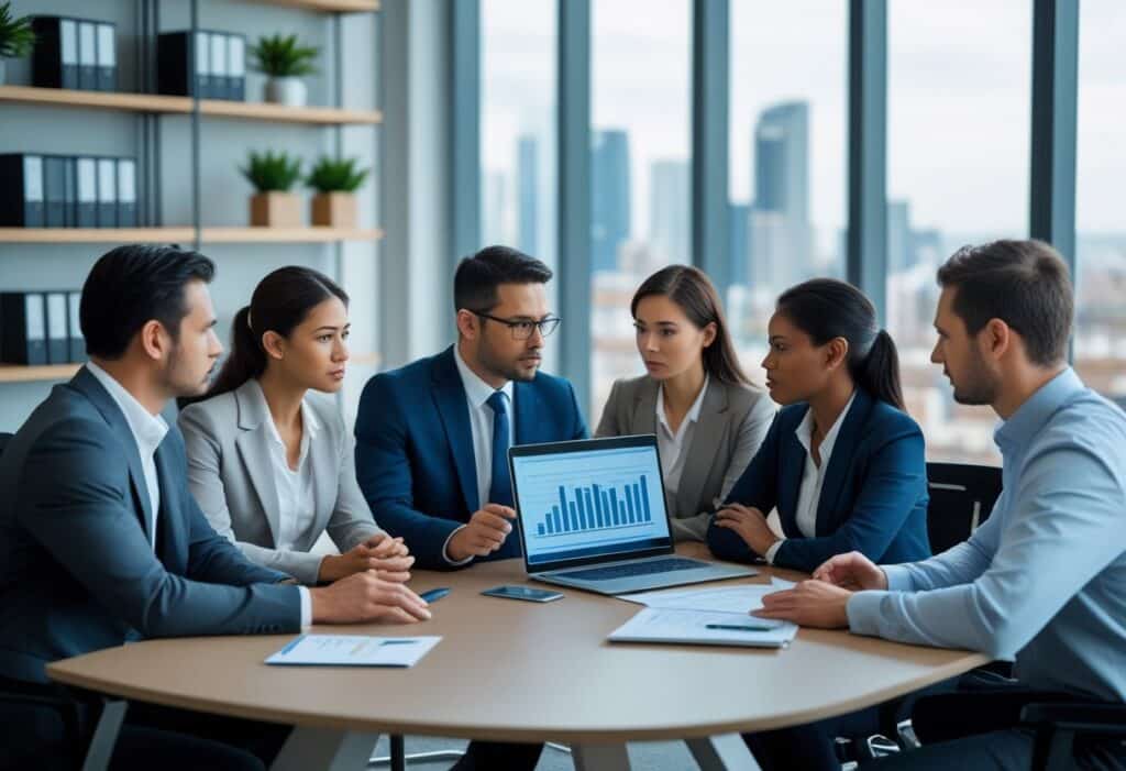 Een zakelijke bijeenkomst met diverse professionals die een financieel rapport bespreken in een modern kantoor.