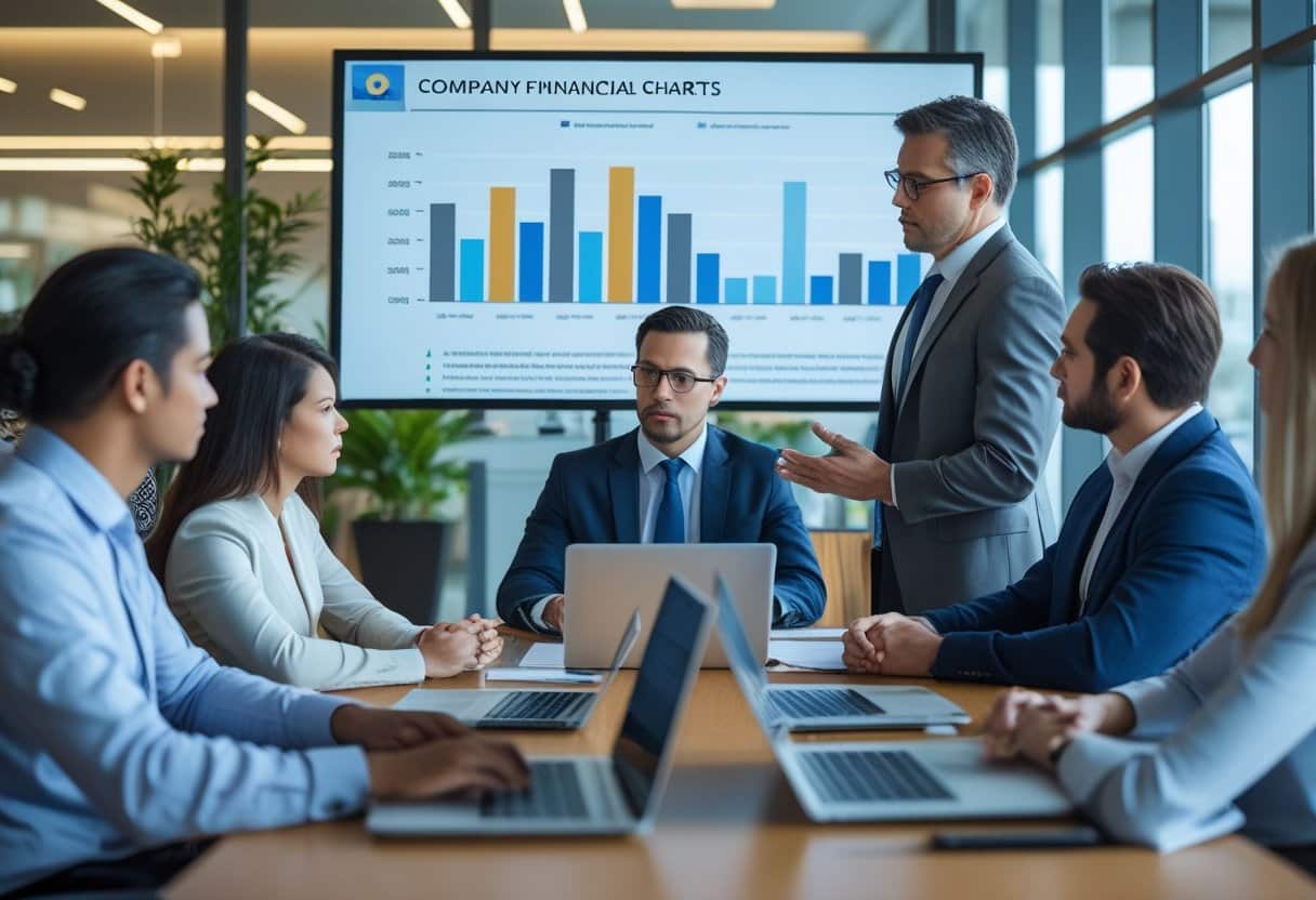 Ontslag om bedrijfseconomische redenen: wat betekent dat precies? 2 Een zakelijke vergadering in een modern kantoor waar een manager financiële grafieken bespreekt met werknemers.