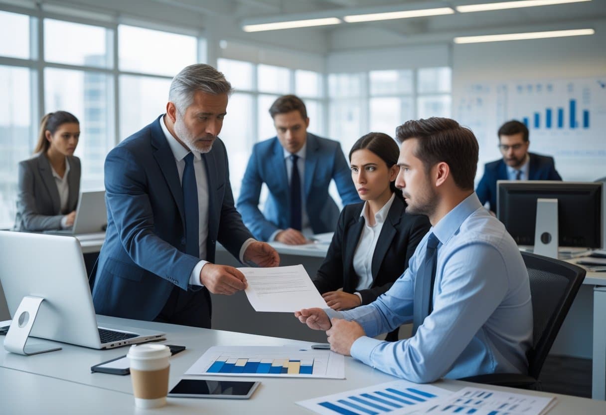 Ontslag om bedrijfseconomische redenen: wat betekent dat precies? 3 Een kantooromgeving waar een man een document overhandigt aan een werknemer met bezorgde blik, terwijl collega's op de achtergrond werken.