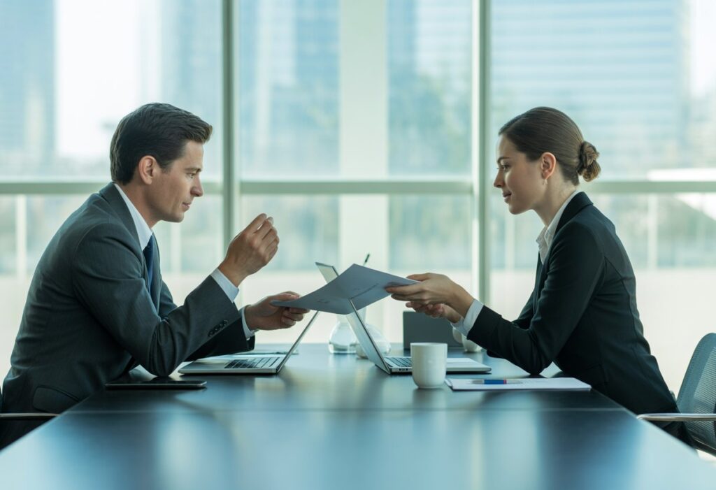 Twee zakelijke professionals zitten aan een vergadertafel en bespreken een document in een kantoor met uitzicht op de stad.