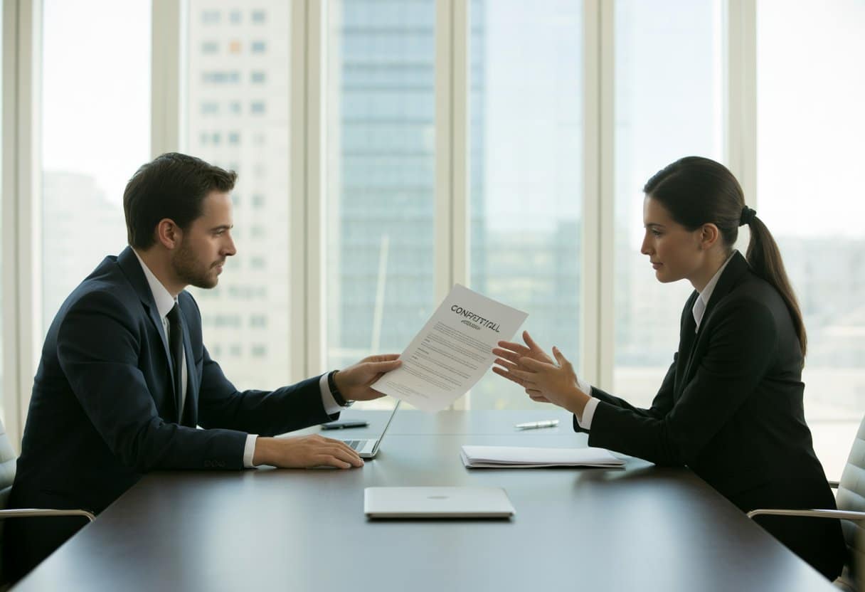 Twee zakelijke professionals zitten aan een tafel en bekijken samen een vertrouwelijk document in een kantoor met uitzicht op de stad.