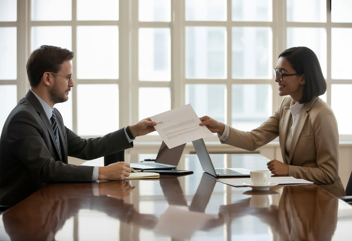 Twee zakelijke professionals zitten aan een vergadertafel en wisselen een ondertekend document uit in een moderne kantooromgeving.