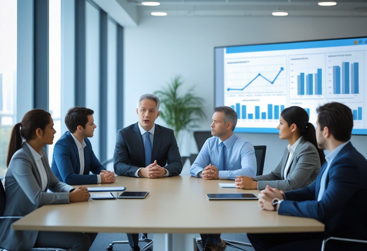 Een zakelijke vergadering met een manager en medewerkers die serieus luisteren in een modern kantoor.