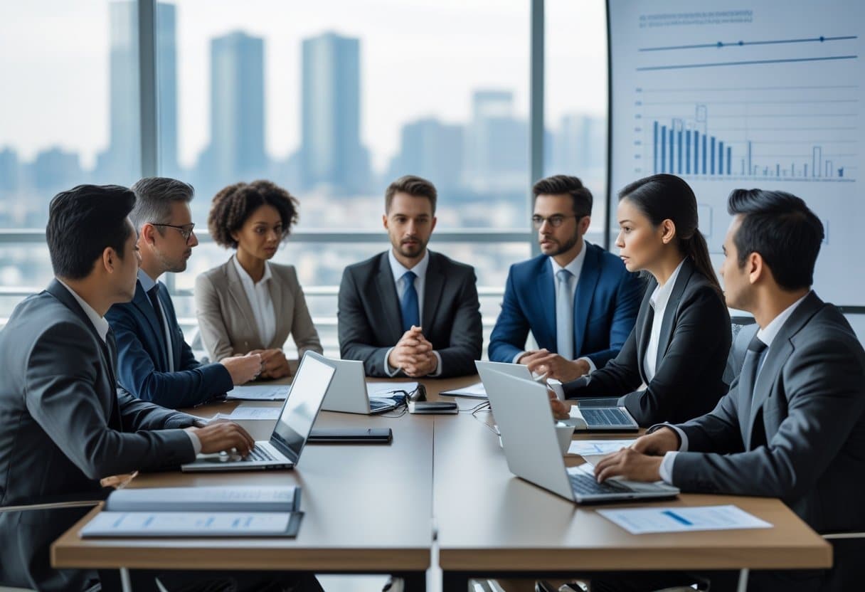 Zakelijke bijeenkomst in een kantoor waar professionals een serieus gesprek voeren over bedrijfseconomische redenen voor ontslag.