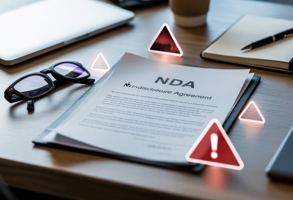 Een close-up van een contract op een bureau met een bril en pen, met subtiele visuele aanwijzingen voor valkuilen rondom het document.