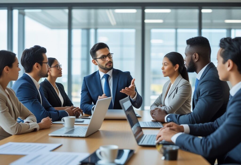 Een zakelijke vergadering in een moderne kantoorruimte waar een professional een groep collega's uitleg geeft over bedrijfseconomisch ontslag.