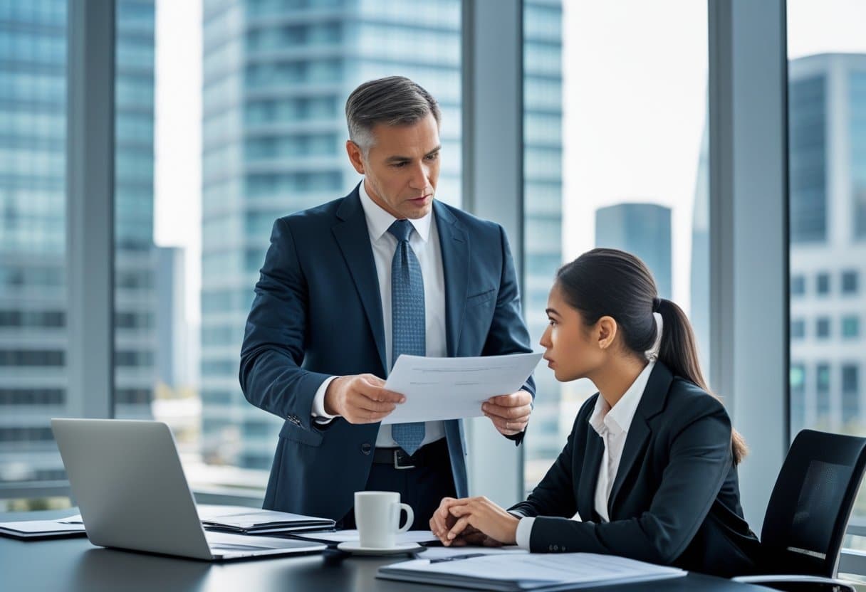 Een zakelijke bijeenkomst in een modern kantoor waar een professional documenten uitlegt aan een werknemer die aandachtig luistert.