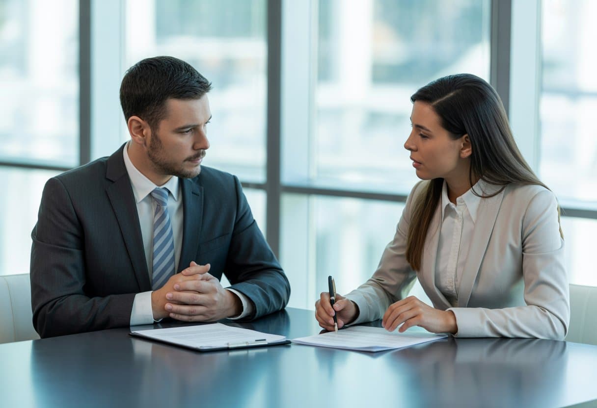 Twee zakelijke professionals bespreken documenten in een moderne kantooromgeving.