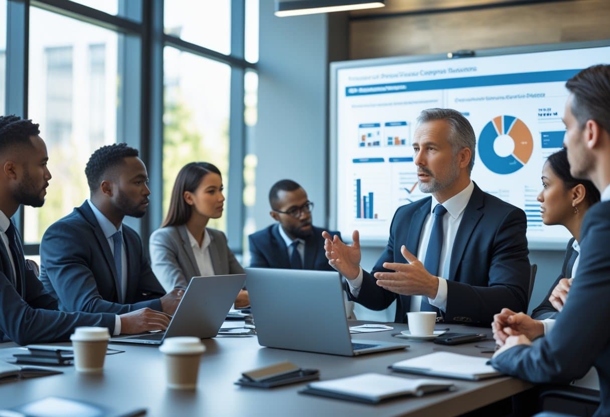Een groep zakelijke professionals in een kantoor die een vergadering houden waarbij een manager uitleg geeft met behulp van grafieken op een scherm.