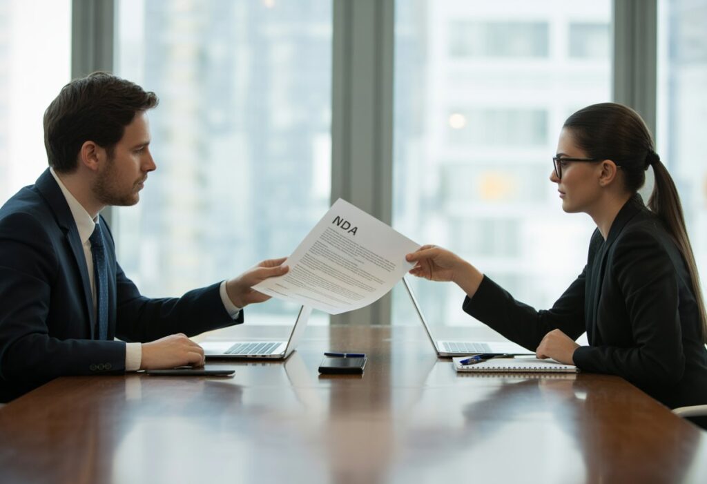 Twee mensen in een kantoor hebben een serieus gesprek aan een tafel, waarbij een document wordt overhandigd.