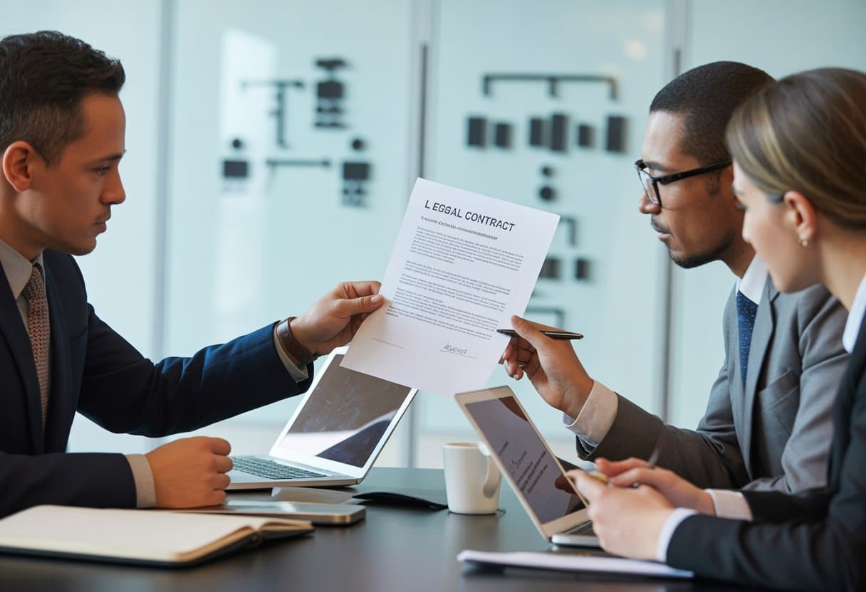 Drie zakelijke professionals zitten aan een vergadertafel en bespreken vertrouwelijke documenten in een kantooromgeving.