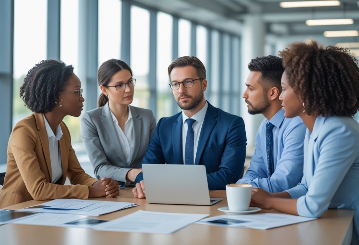 Een zakelijke bijeenkomst in een modern kantoor waar een HR-manager en een werknemer een gesprek voeren over bedrijfseconomisch ontslag.