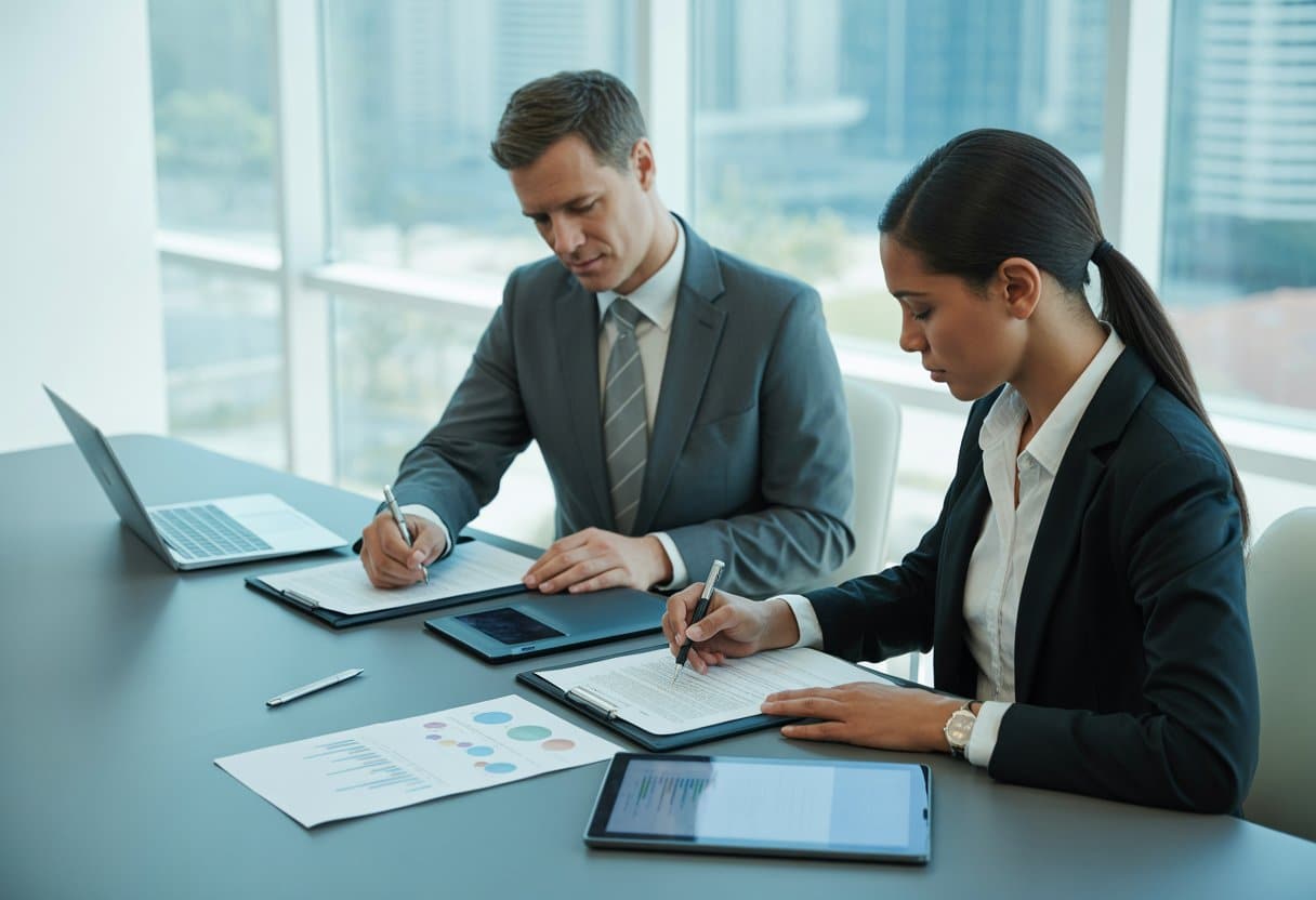 Twee zakelijke professionals zitten aan een vergadertafel en ondertekenen vertrouwelijke documenten in een modern kantoor.
