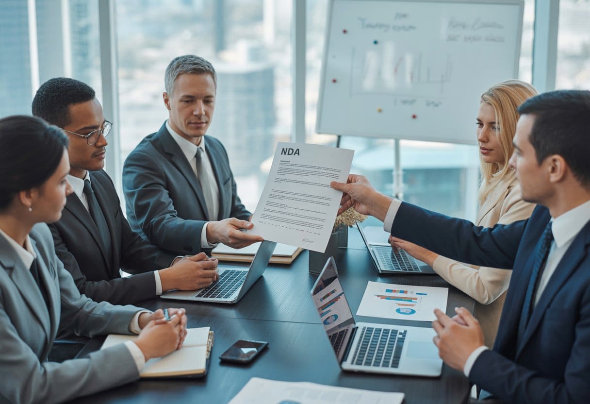Een groep zakelijke professionals zit rond een vergadertafel en bespreekt documenten tijdens een due diligence bijeenkomst.