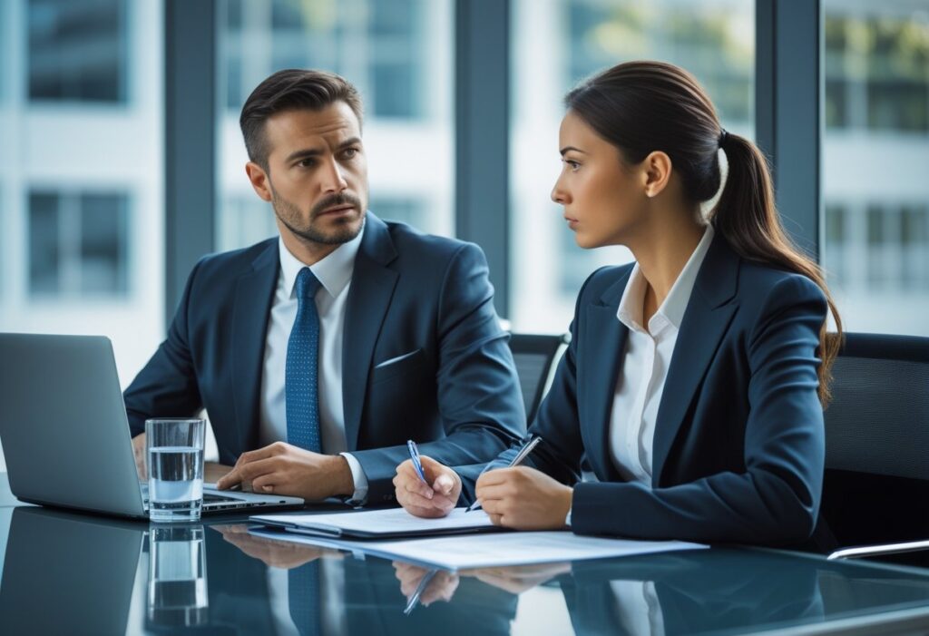 Twee zakelijke mensen zitten aan een tafel in een kantoor en voeren een serieus gesprek over werk.