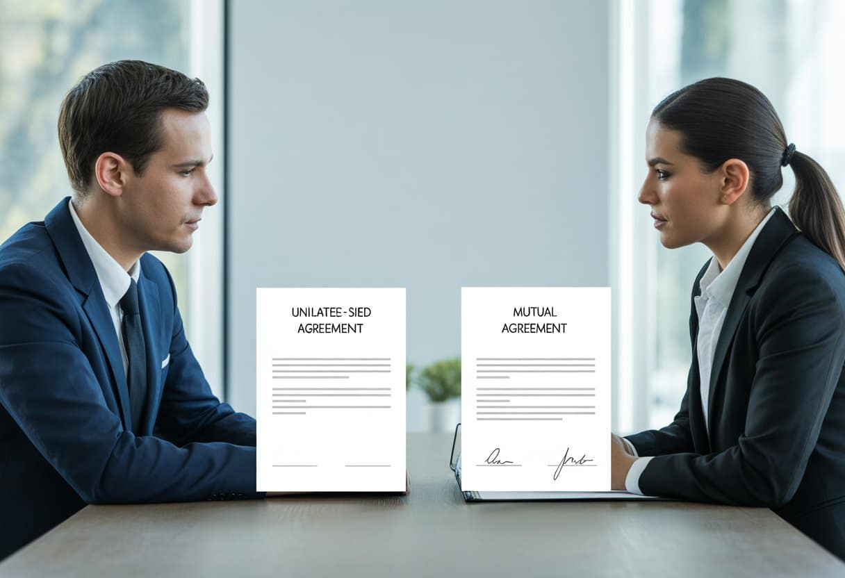 Twee zakelijke professionals zitten tegenover elkaar aan een tafel met documenten die verschillende soorten geheimhoudingsverklaringen voorstellen.