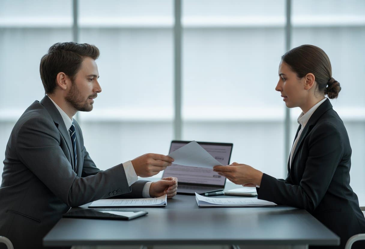 Twee zakelijke professionals zitten aan een tafel in een kantoor en bespreken documenten, waarbij ze een vertrouwelijk contract doornemen.
