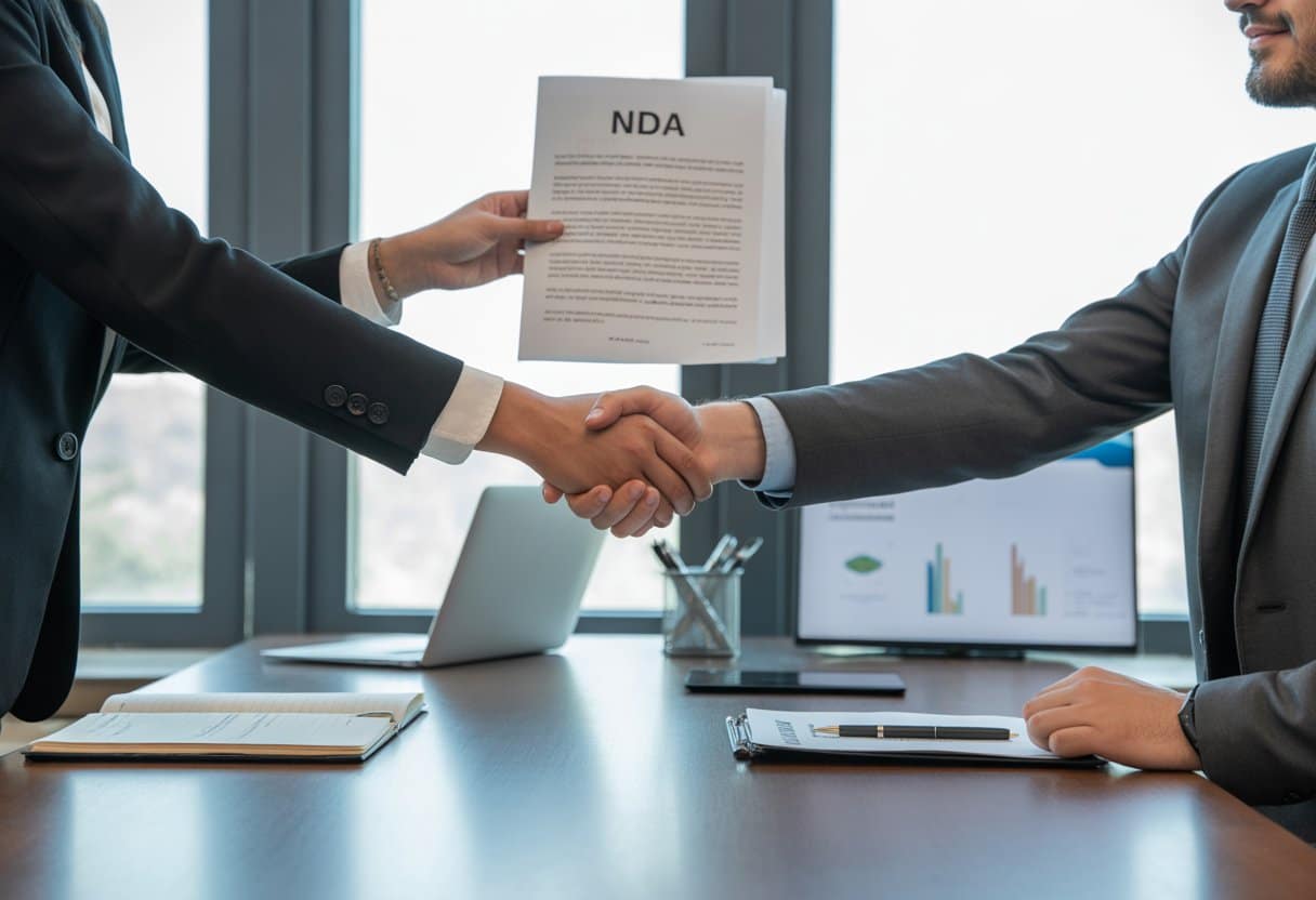 Twee zakelijke professionals aan een vergadertafel, waarbij één persoon een contract overhandigt en twee anderen handen schudden terwijl ze een document vasthouden, in een moderne kantooromgeving.