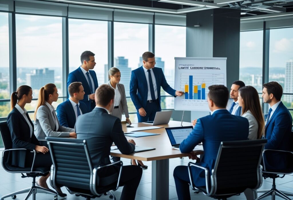 Een zakelijke vergadering met professionals die een serieus gesprek voeren over personeelszaken in een modern kantoor.