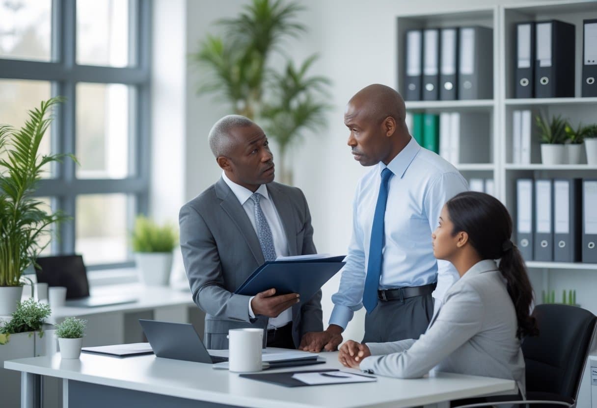 Een HR-manager en een werknemer praten serieus in een modern kantoor over een zakelijk onderwerp.