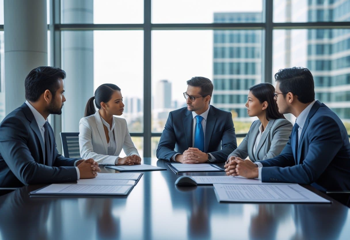Een zakelijke vergadering in een modern kantoor waar professionals een serieus gesprek voeren over ontslagprocedures.