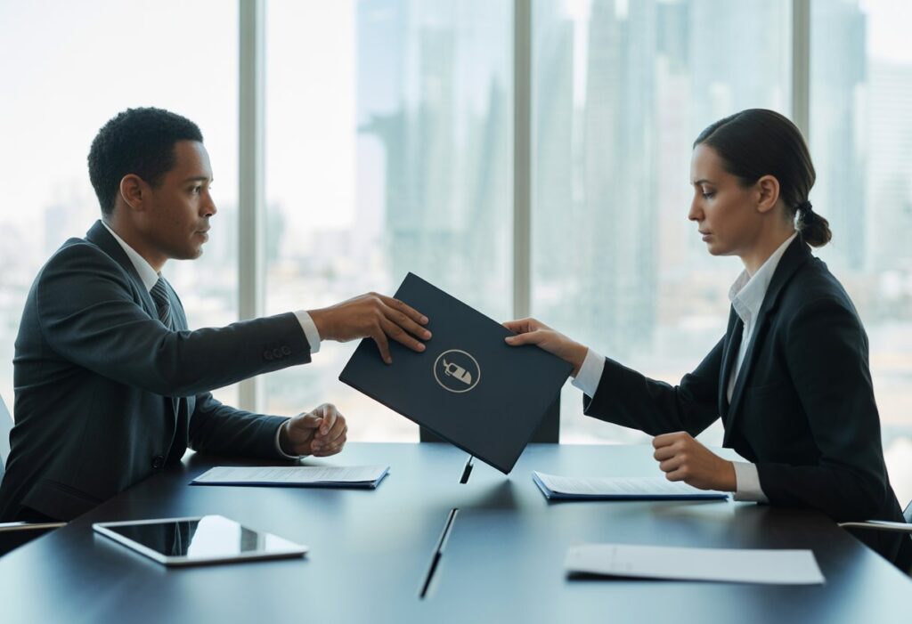 Twee zakelijke professionals die in een moderne kantoorruimte een vertrouwelijk document overhandigen tijdens een vergadering.