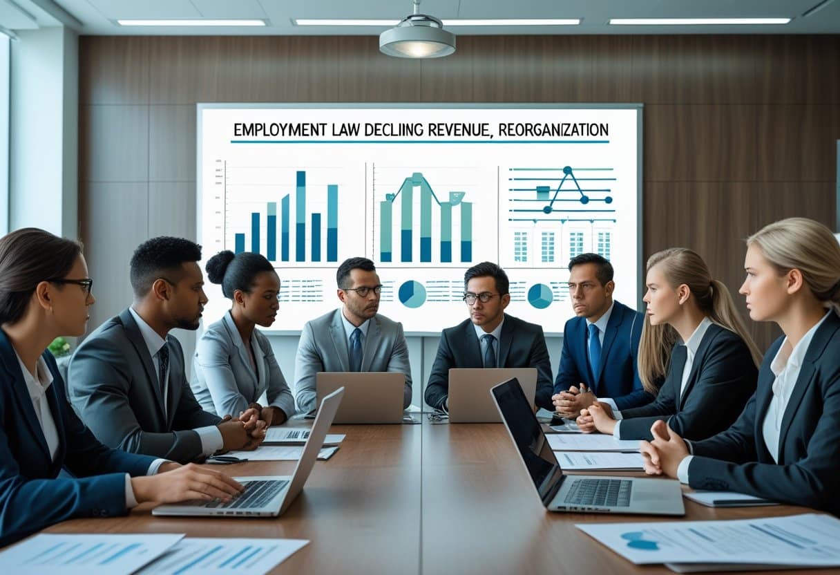 Een groep zakelijke professionals bespreekt in een vergaderruimte grafieken en documenten over omzetdaling en reorganisatie.