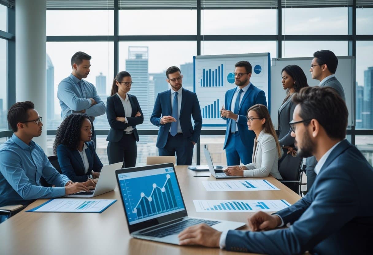 Een zakelijke vergadering in een modern kantoor waar professionals financiële grafieken bespreken en plannen maken voor reorganisatie.