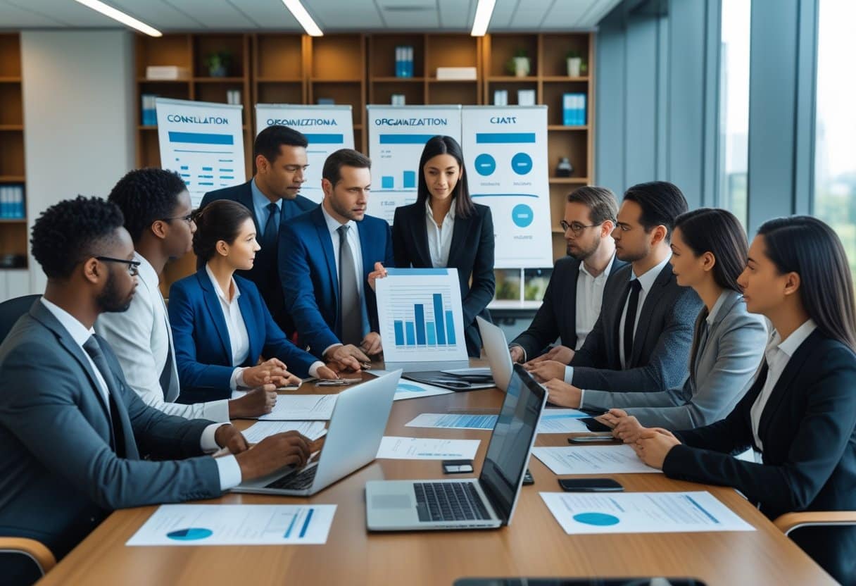 Een groep zakelijke professionals bespreekt documenten en data rond een vergadertafel in een kantooromgeving.
