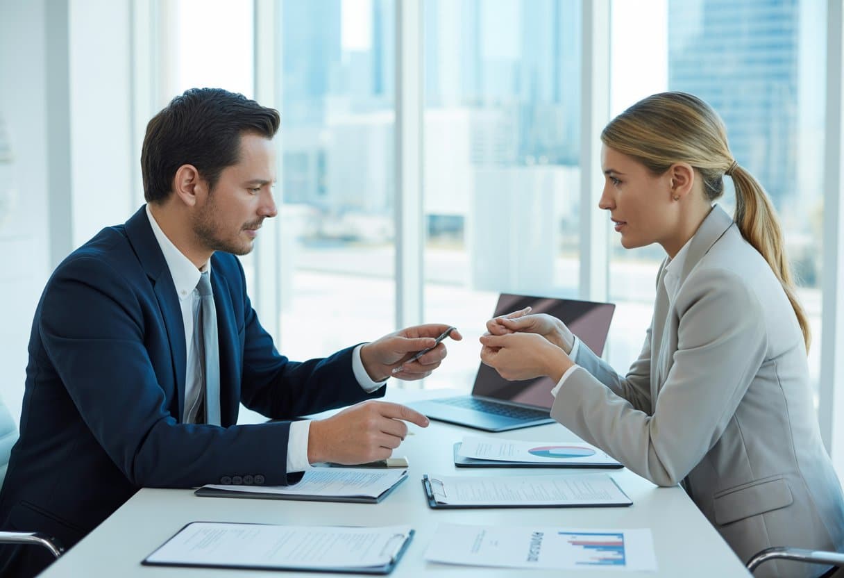 Twee zakelijke professionals bespreken documenten aan een bureau in een modern kantoor.