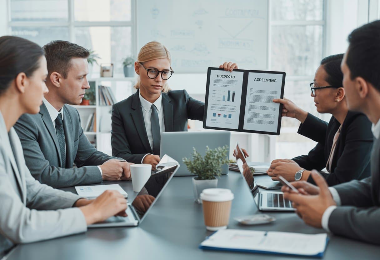 Een groep zakelijke professionals zit rond een vergadertafel en bespreekt contracten en samenwerking in een moderne kantoorruimte.