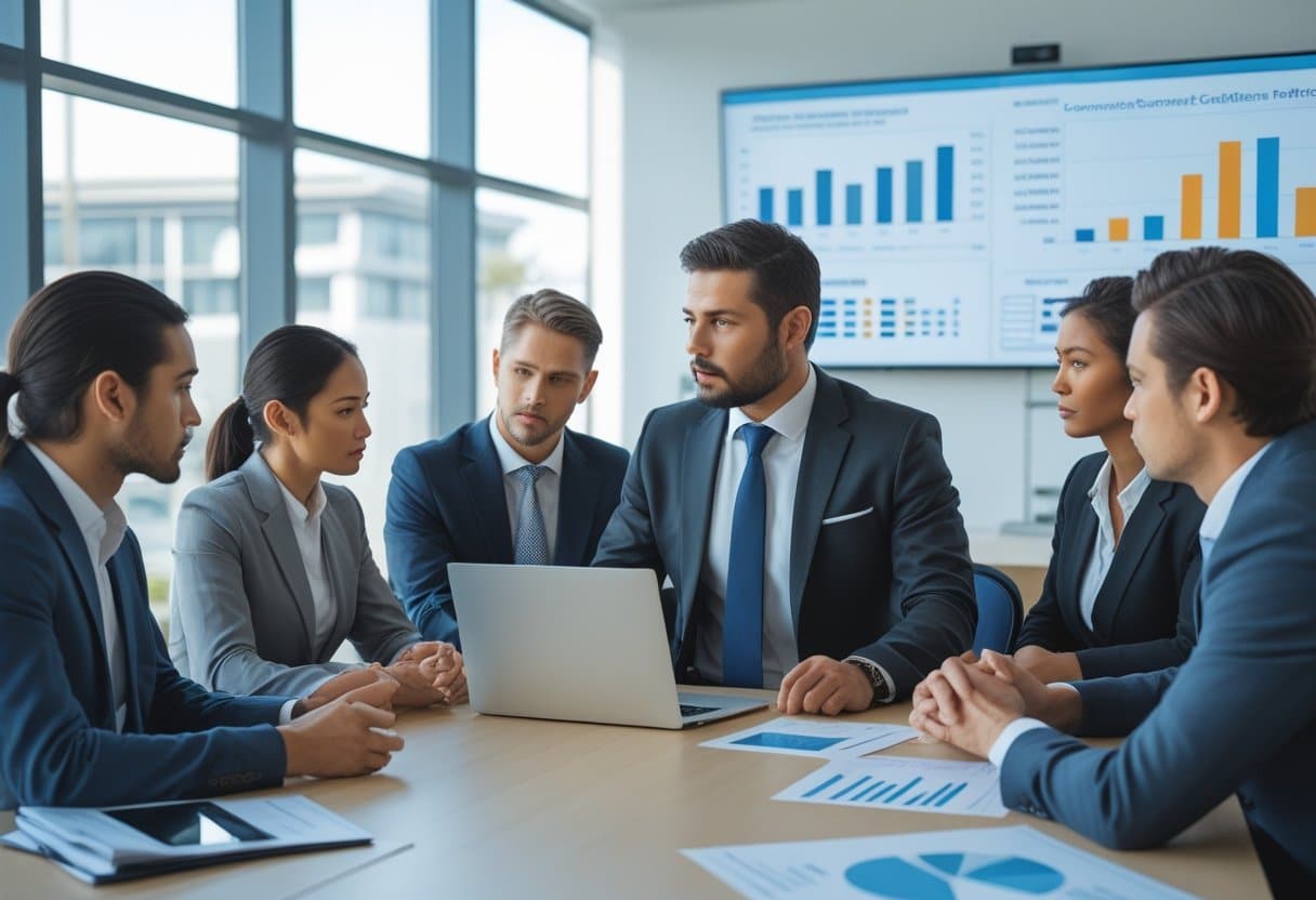 Een groep zakelijke professionals bespreekt in een vergaderruimte de beoordeling van ontslag om bedrijfseconomische redenen.