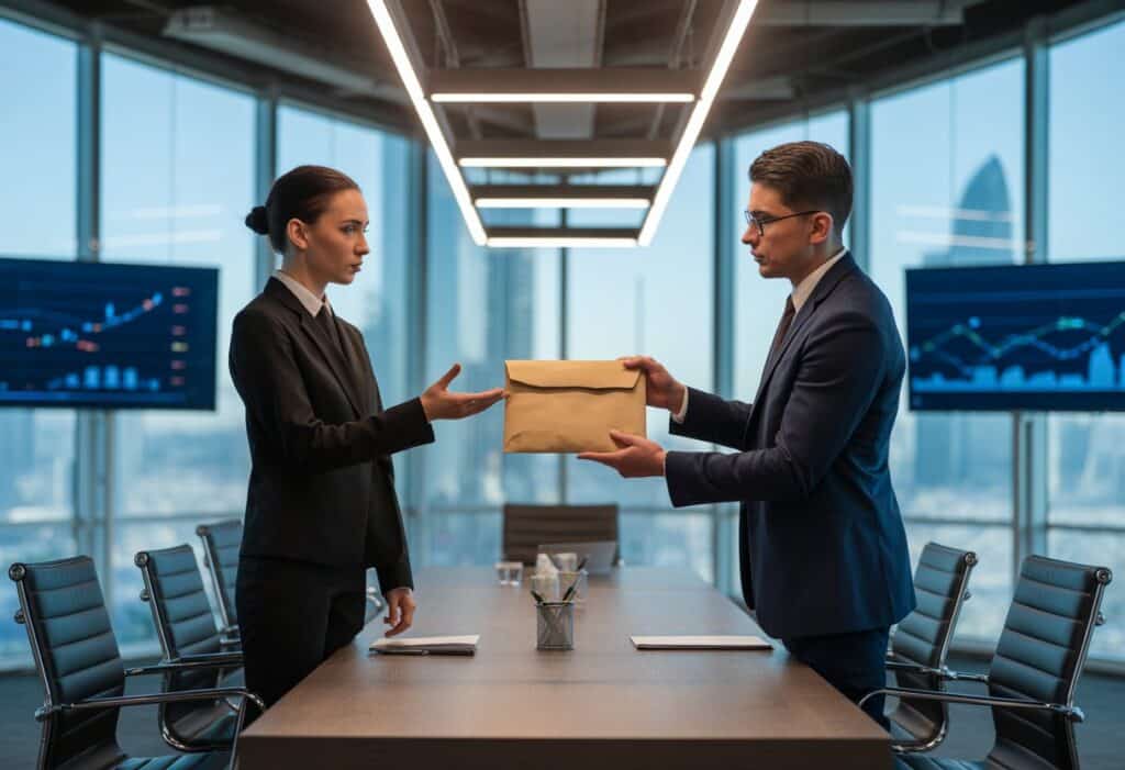 Twee zakenmensen in een modern kantoor voeren een serieus gesprek waarbij een contract wordt overhandigd.